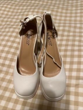 Kiss White Ankle-Strap Block Heel Pumps